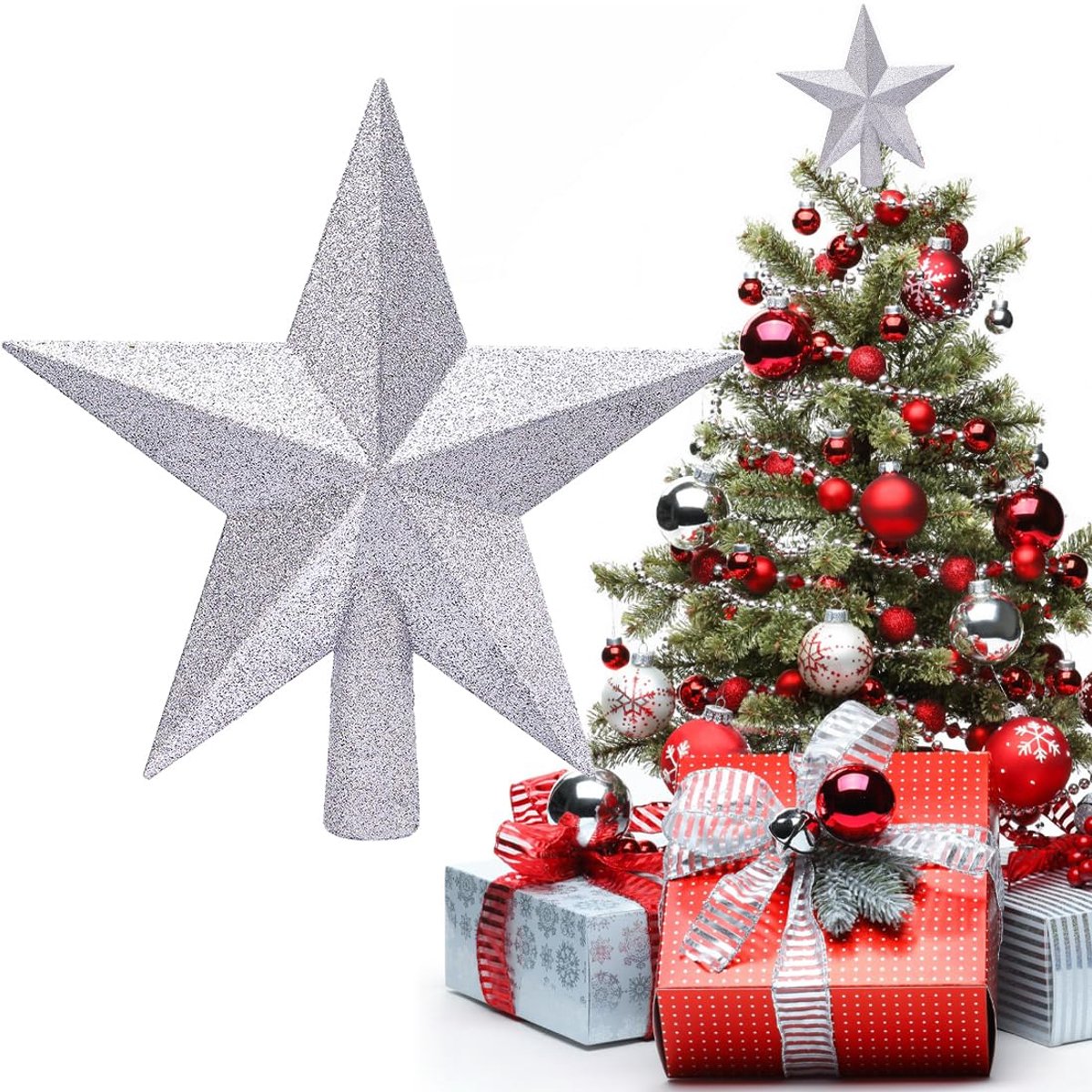 kerstboompiek, Kerstboomtopper ster, Kerstboomtop Kroon Glitter Ster Decoratie, glinsterende kerstpiek, kerstster voor kerstboom, boomspits(20 cm, zilver)
