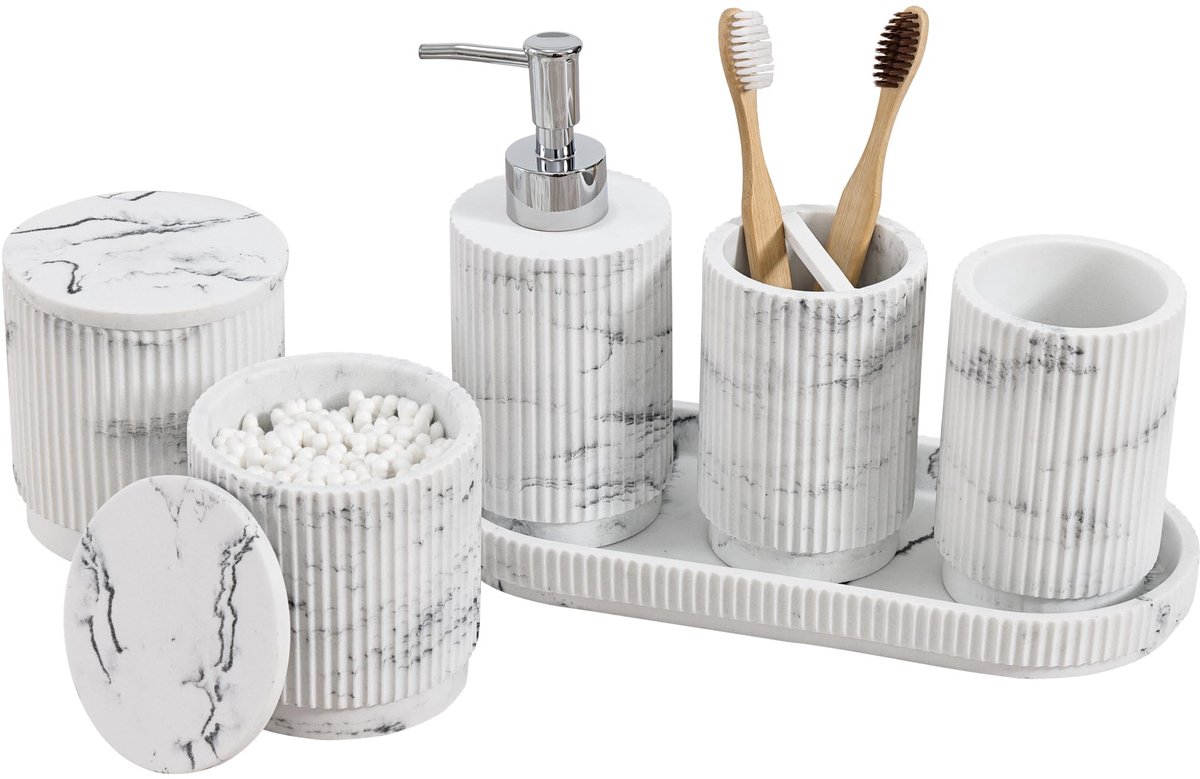 Badkamerset, 6-delig, zeepdispenser + tandenborstelbeker met dienblad en wattenstaafjesbox, design strepenpatroon, hoogwaardig polyhars, witte marmerlook, onbreekbaar en waterdicht