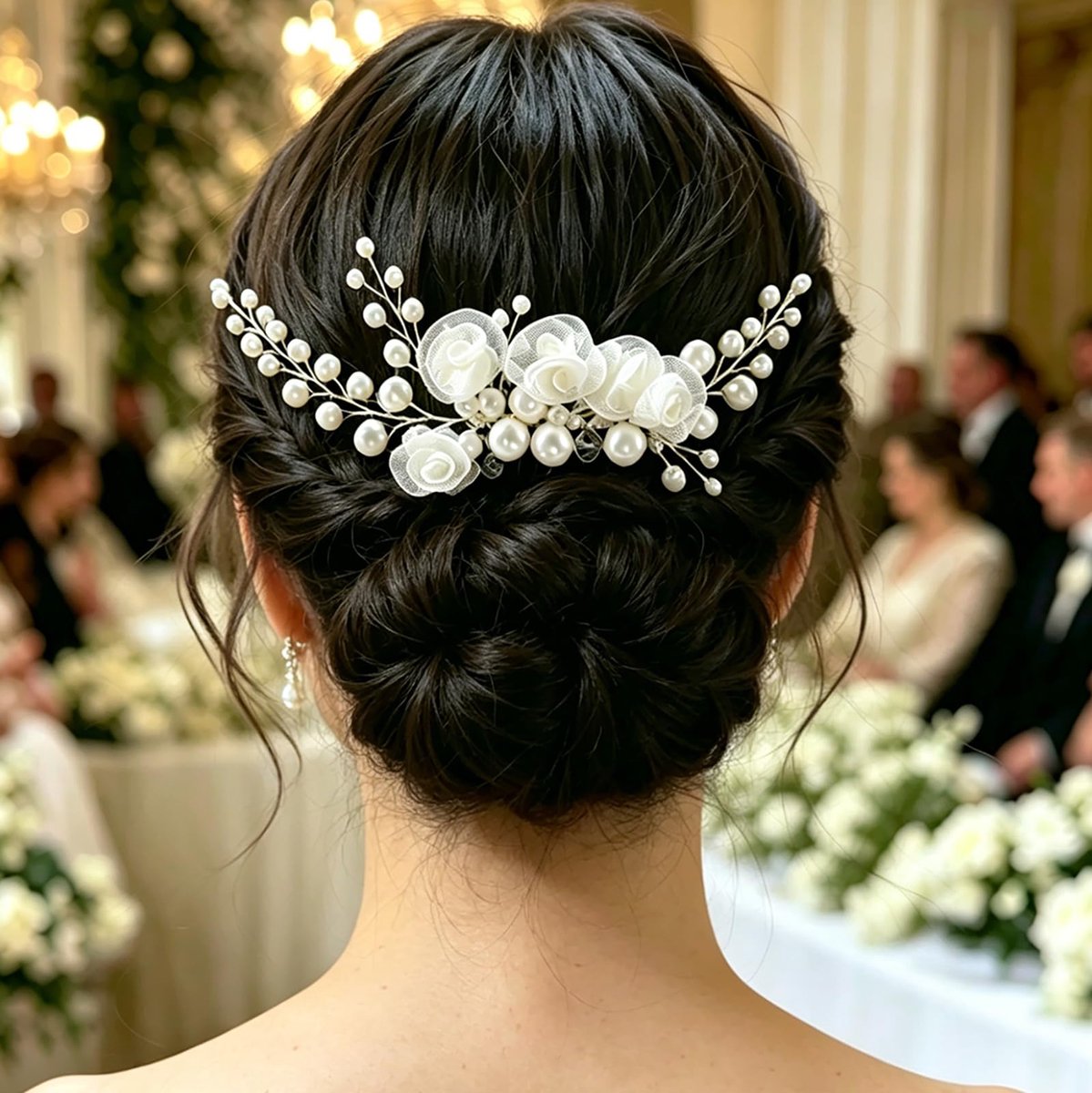 Bruidshaarkam met parels en tulebloemen, handgemaakt, zilveren parels, haarkam voor bruidsjurk, avondbal, fotoshoot, elegant bruidsaccessoire voor bruiden en bruidsmeisjes
