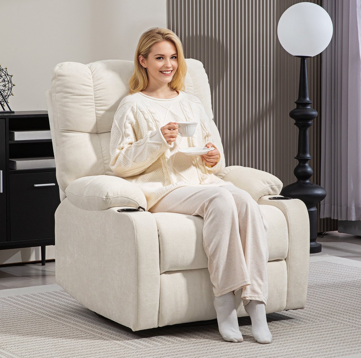 Wishdor Relaxfauteuil - draaibaar en schommelend - handmatige ligfunctie - Scandinavische basic - woonkamer - stof - beige - 88 x 96 x 108 cm