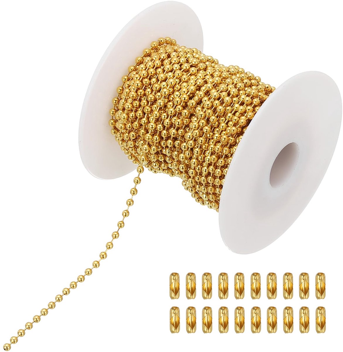 PATIKIL 10 m kralen kogelketting, 2,4 mm roestvrijstalen trekkettingverlenging met 20 connectoren voor tagketting, sleutelhangerringen, doe-het-zelf ambachten, goudkleurig