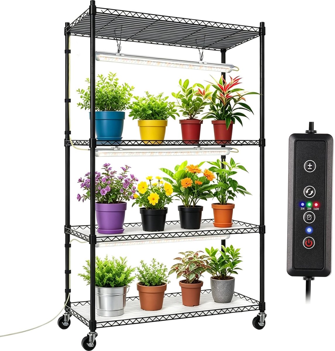 JAOGAUS Plantenstandaard met 4 verdiepingen met groeilicht, metalen plantenrek met 36 W T8 volspectrumlamp, 60 x 35 x 120 cm.