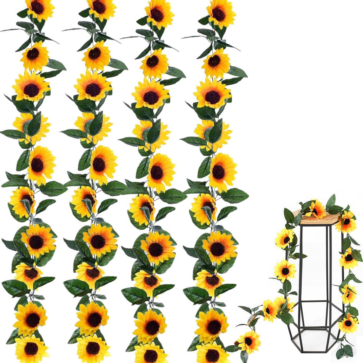 4 stuks kunstzonnebloemenslinger, 2,32 m, kunst-slinger, kunstbloemen, kunstbloemen, kunstbloemen, slinger voor tuinhek, thuis, bruiloft, muur, feest