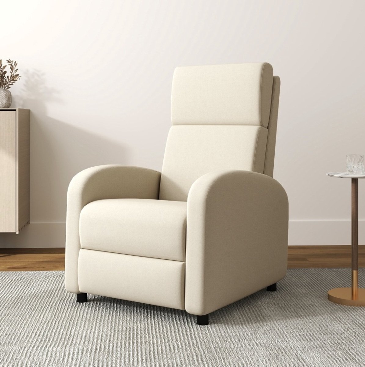 MEUNIQ Relaxfauteuil met ligfunctie en voetensteun, handmatig verstelbare fauteuil in crèmewit met stoflook, 64 x 86 x 102 cm, tot 120 kg, voor woonkamer Cream White
