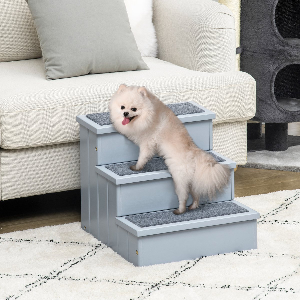 MEUNIQ huisdierentrap met 3 treden en opbergruimte 40,5 x 44,5 x 38 cm, houten hondentrap met vilten treden voor kleine honden en katten, grijs
