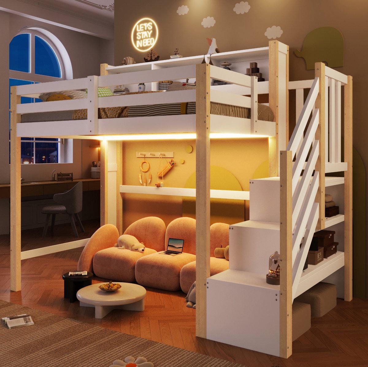 MIVRAY Hoogslaper 90x200 cm - Met LED-Verlichting en Opbergtrap - Zonder Matras en Met Open Ruimte - Hout en MDF - Wit Naturel