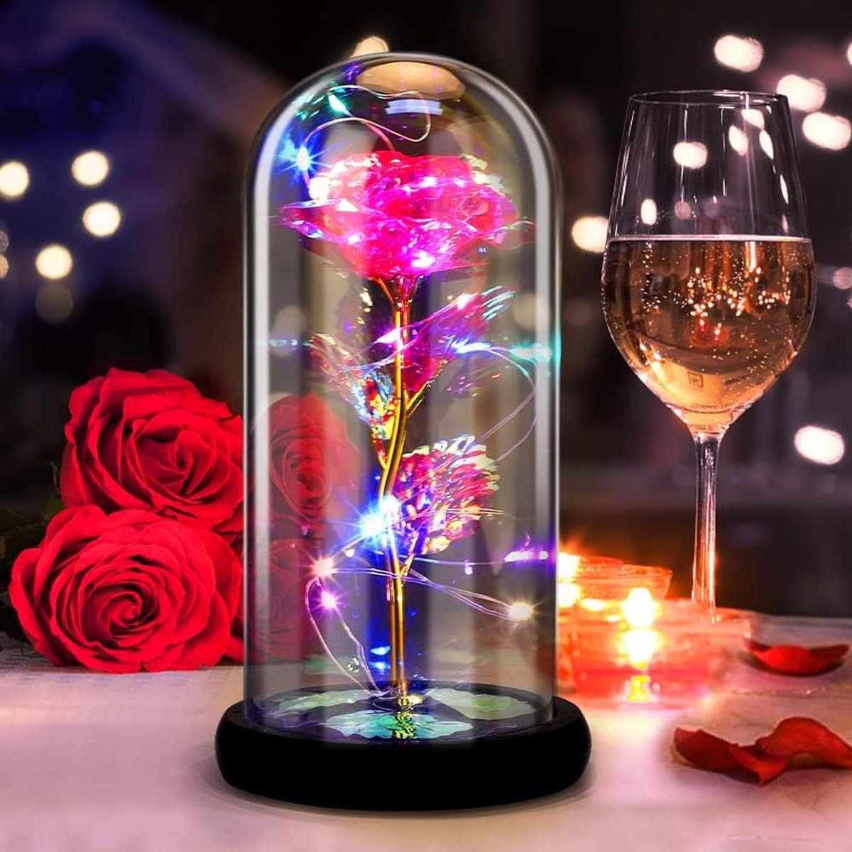 Eeuwige Roos Glas - Roos met Licht - Romantisch Cadeau - Geconserveerde Zijden Roos - 11 x 21 cm - Roze