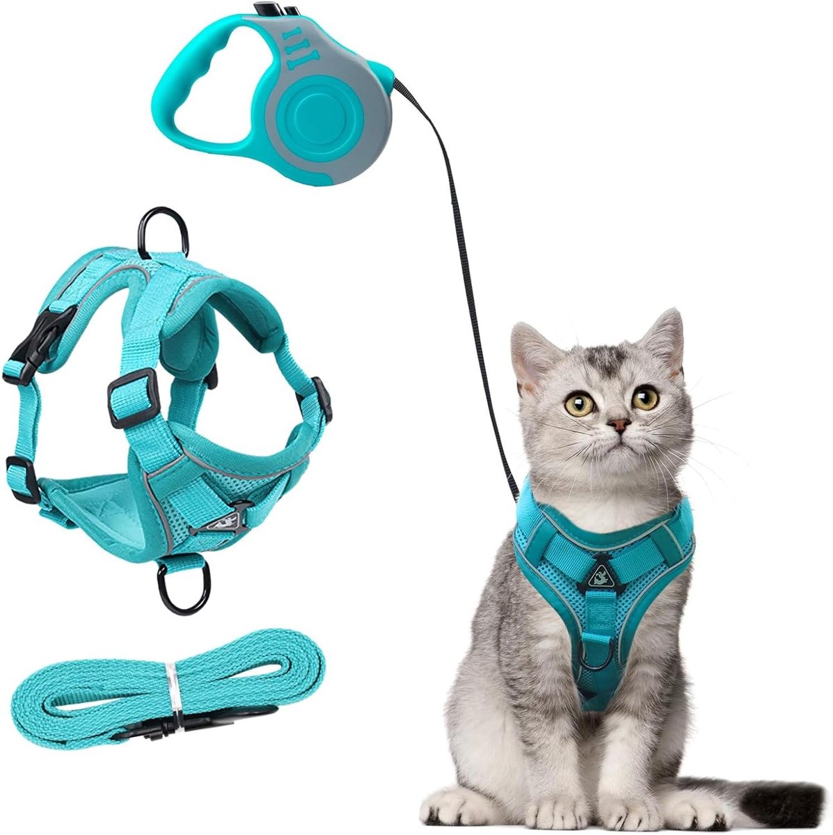 Kattenharnas met Rollijn - Kattenriem Set - Veilig Wandelen - Ontsnappingsveilig Ontwerp - 5 meter lijn - Blauw