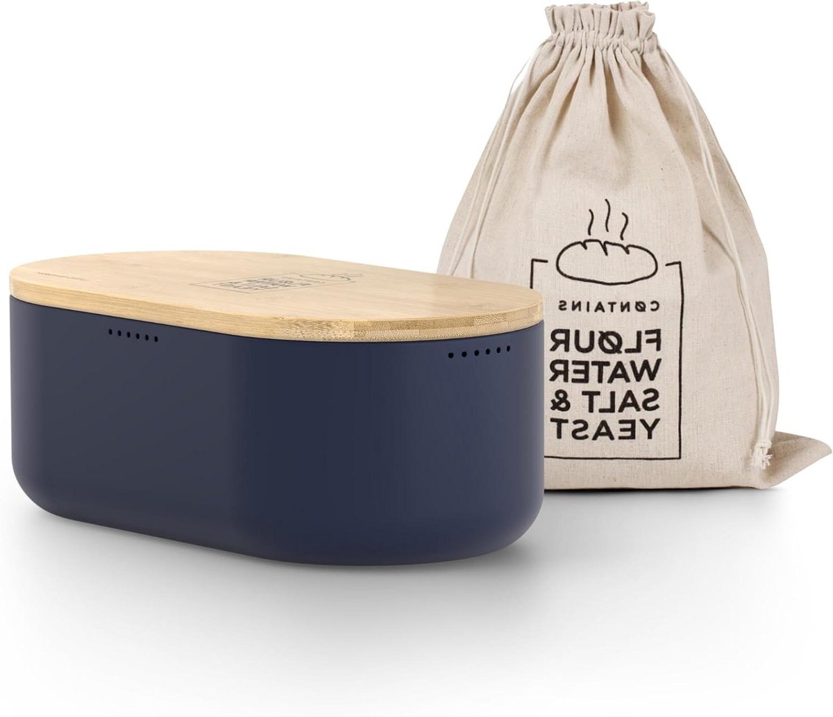 Broodtrommel met snijplank - Brooddoos metaal - Brood vers houden - Ventilatiegaten bamboe deksel - 36x19x13 cm - Donkerblauw