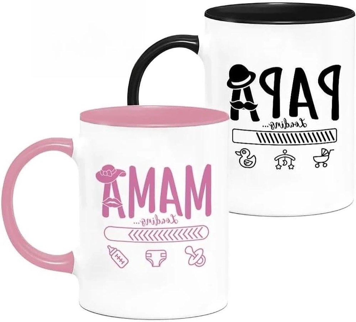 Mokken set aanstaande ouders - Mama Papa mokken - Babyshower cadeau - Met beslissingsmunt - 350 ml - Wit