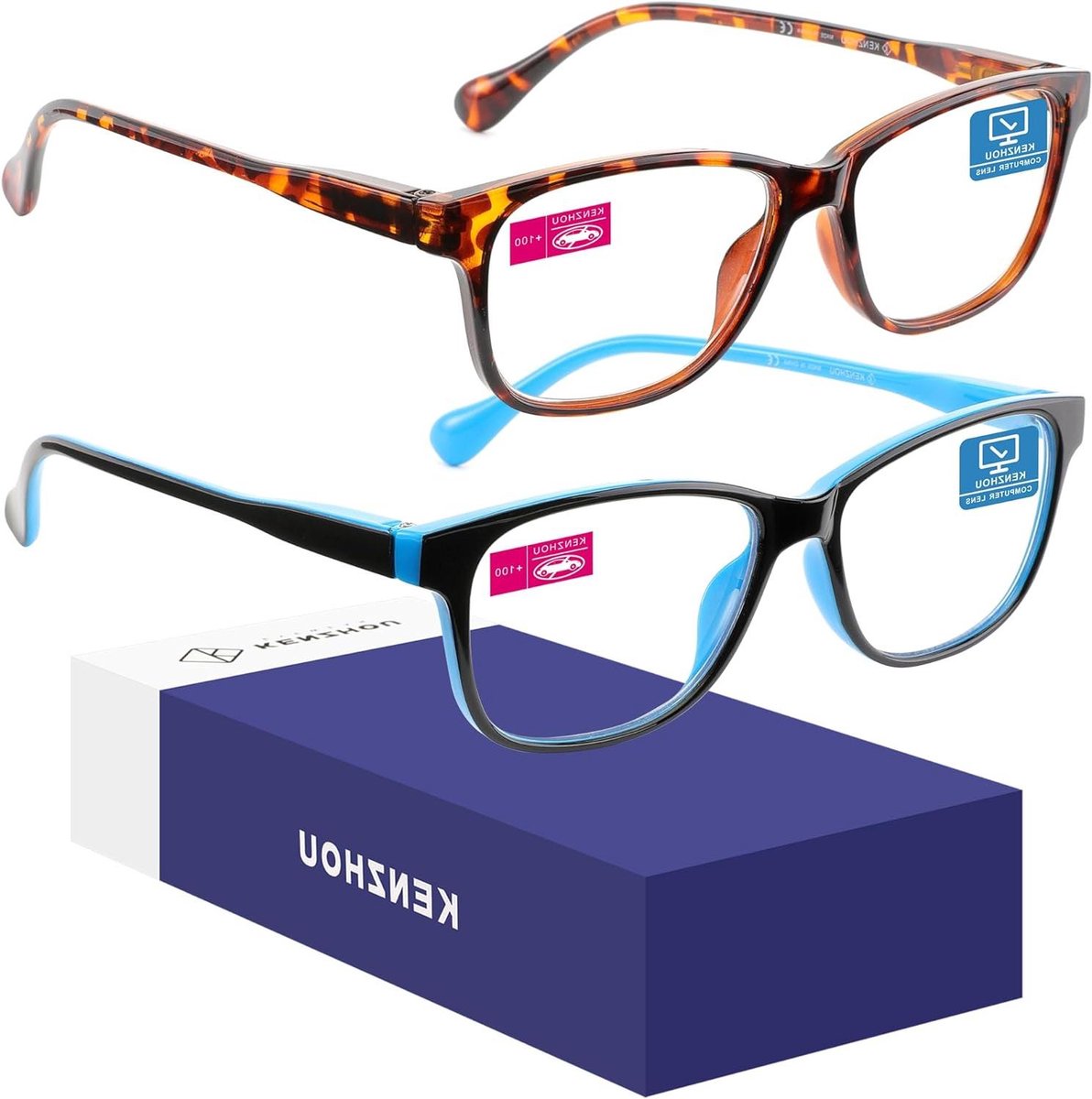 Computerbril Blauw Licht - Anti-glans bril - Oogbescherming - UV-bescherming - Set van 2 - Blauw Tortoise
