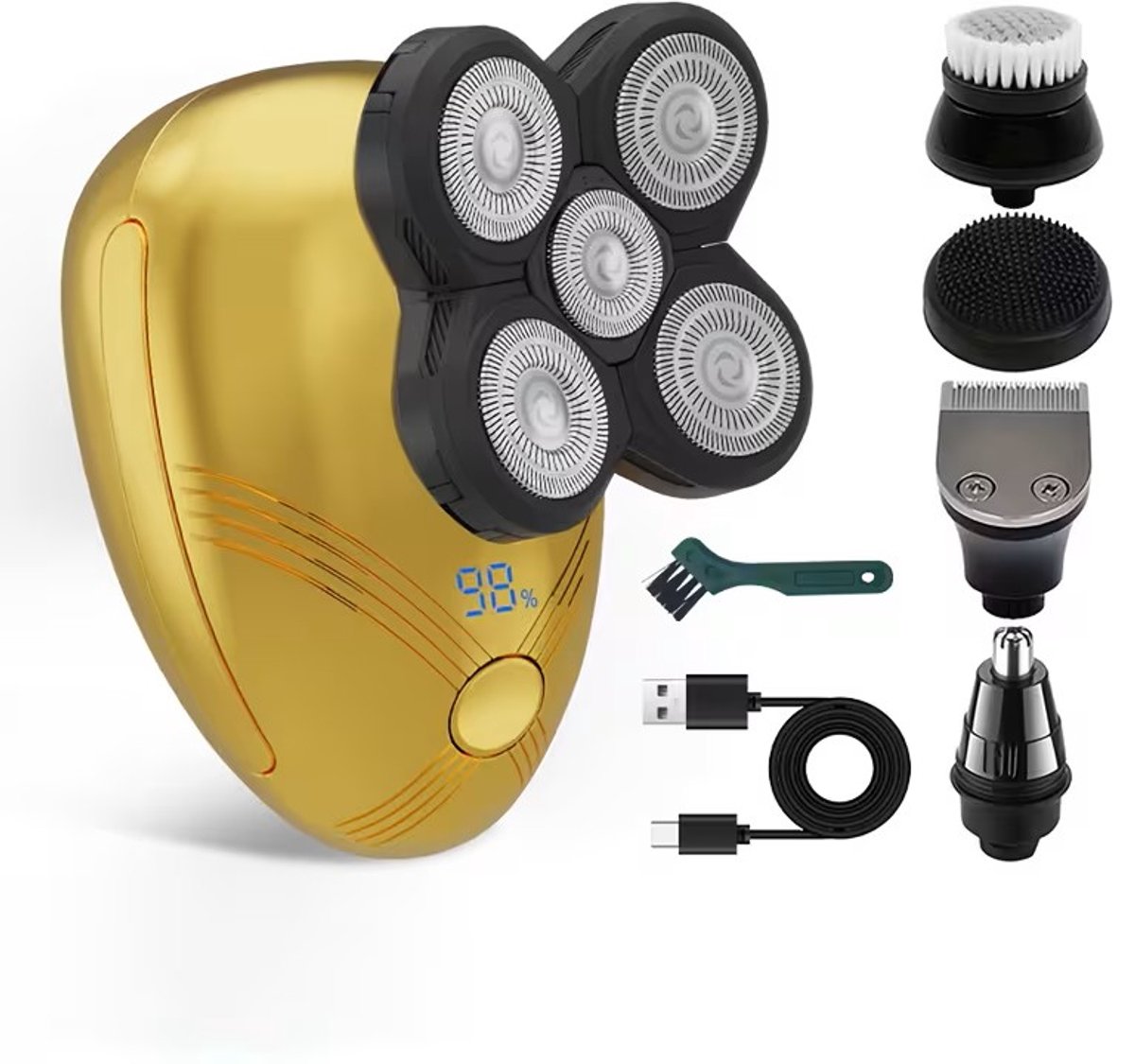 5in1 Gertzy Head shaver - Digitale Scheerapparaat voor Kale Hoofd - Usb Oplaadbare Skullshaver + Baardtrimmer + Neustrimmer + Borstel - Head Shaver met 5 roterende mesjes - Digitale Batterij Indicator - Kleur Goud