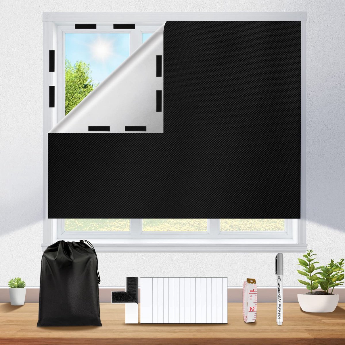 verduistering, 200 x 148 cm, dakraam, verduistering zonder boren, zonwering, raam, binnen, verduisteringsfolie, raam, verduisterend, 100% ondoorzichtig, thermofolie, verduisteringsstof, zwart