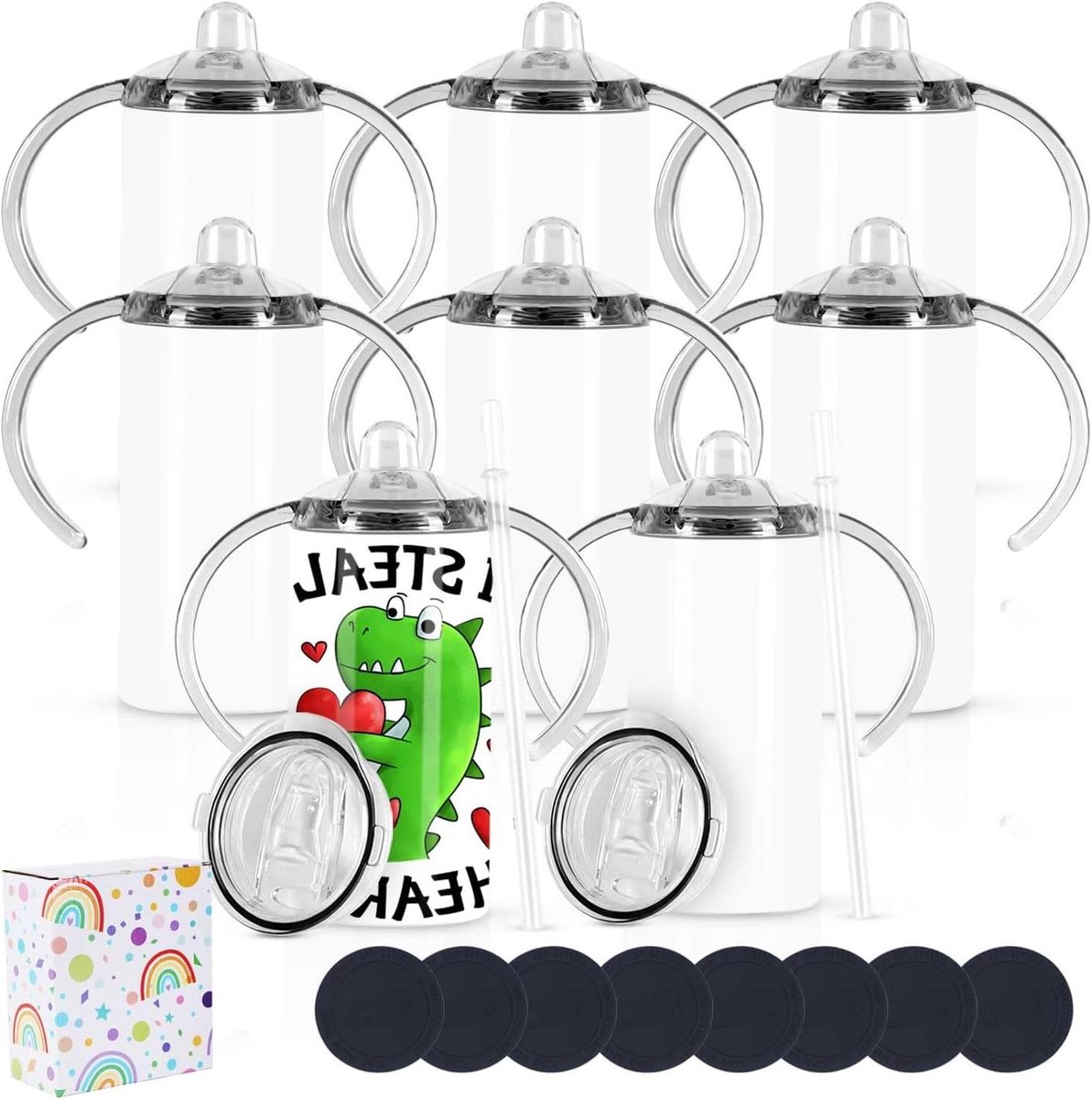 Sublimatie Sippy Cups - Kinderbekers Roestvrij Staal - Dranken Koel Houden - Met Handvat en Rietje - 12oz - Wit