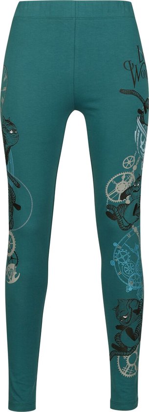 Turkooisblauwe legging met opdruk van katten, tandwielen, klokken en de tekst 'Looking for Wonderland'.