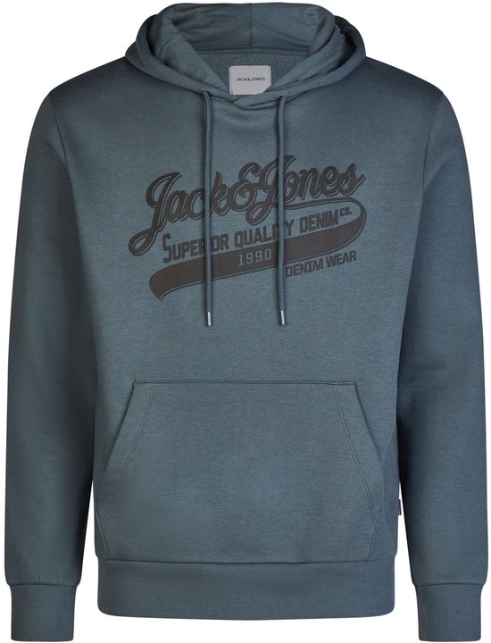 Blauwgrijze hoodie met capuchon, kangoeroezak en opdruk 'Jack & Jones Superior Quality Denim Co. 1990 Denim Wear'.