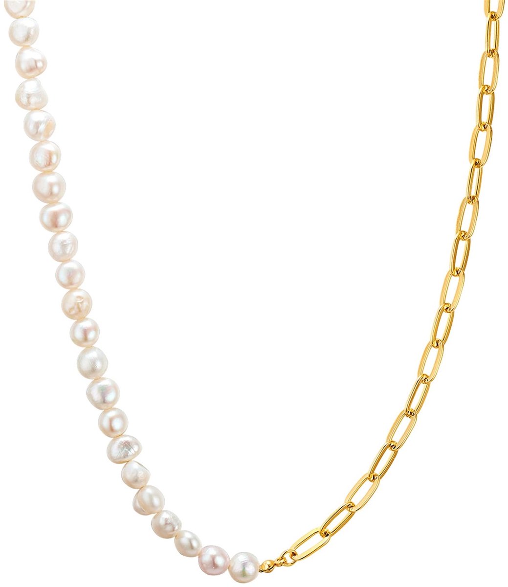 Ketting in metaal geelgoud verguld 14 karaat met barokke zoetwater gekweekte Parel ca. 7,5-8,0 mm schakelKetting/Parelcollier