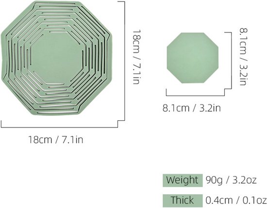 Afmetingen van de groene, acht-zijdige onderzetter: 18x18cm. Kleinere vierkante versie: 8,1x8,1cm. Dikte: 0,4cm.