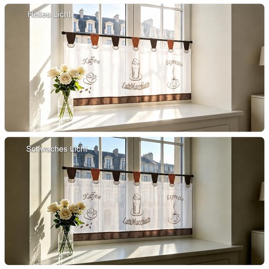 Vitrage, voile gordijn met lussen, zonder boren, transparant, decoratie voor keuken, eetkamer, wit, bruin, h x b 60 x 120 cm, 1 stuk — afbeelding 5
