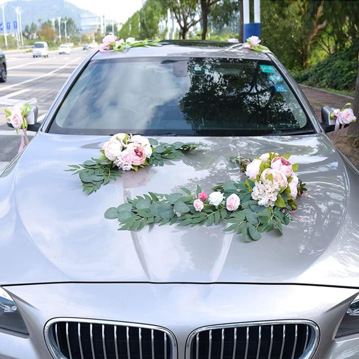 Bruiloft Decoratie Set - Kunstbloemen Auto Versiering - Feestelijke Aankleding - Wasbaar Herbruikbaar - Grote Set - Roze Champagne
