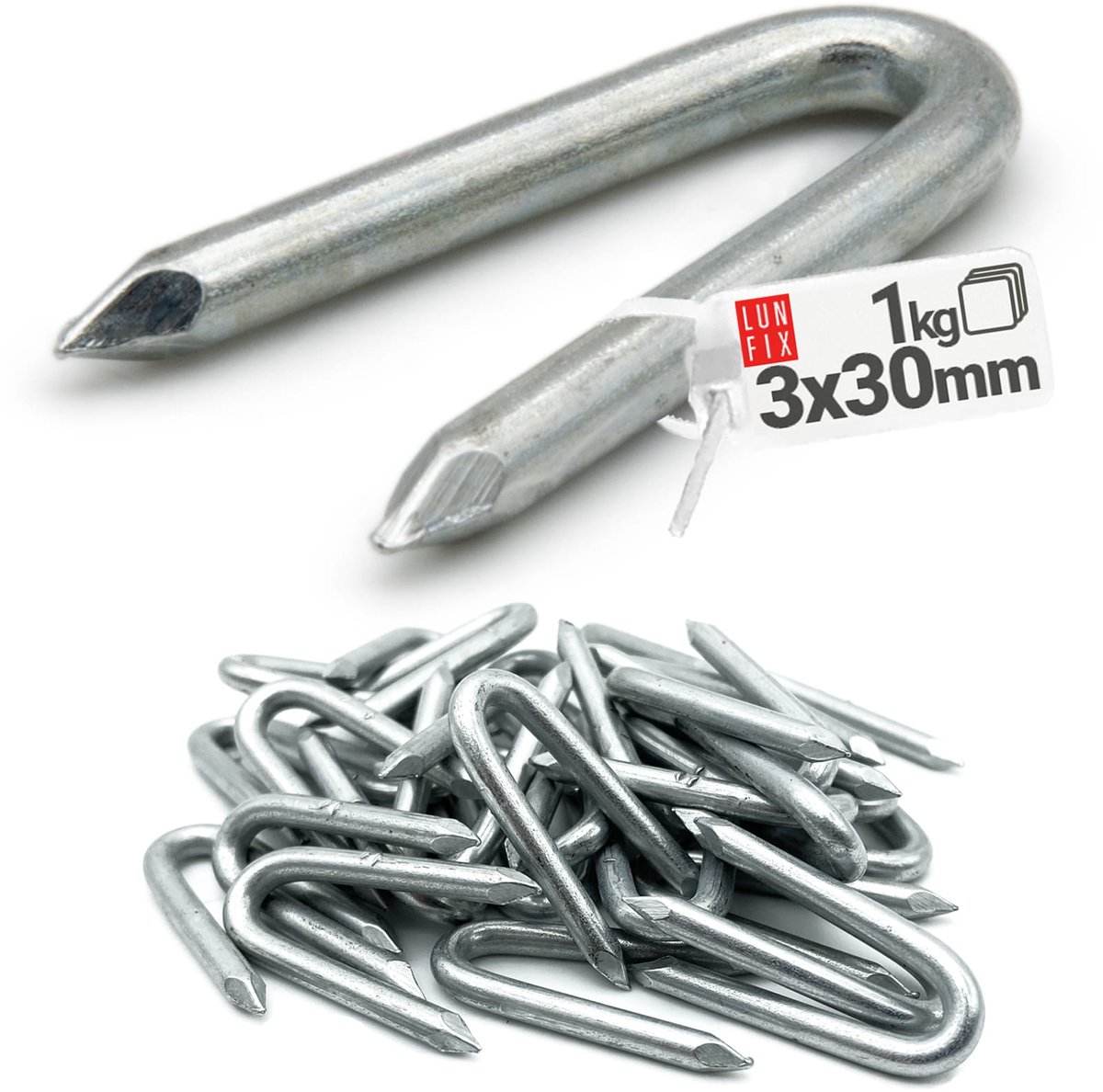 LUN FIX - Krammen 3 x 30 mm - 1kg (ca. 305 stk.) - Verzinkt staal - U-vormige krammen voor gaas