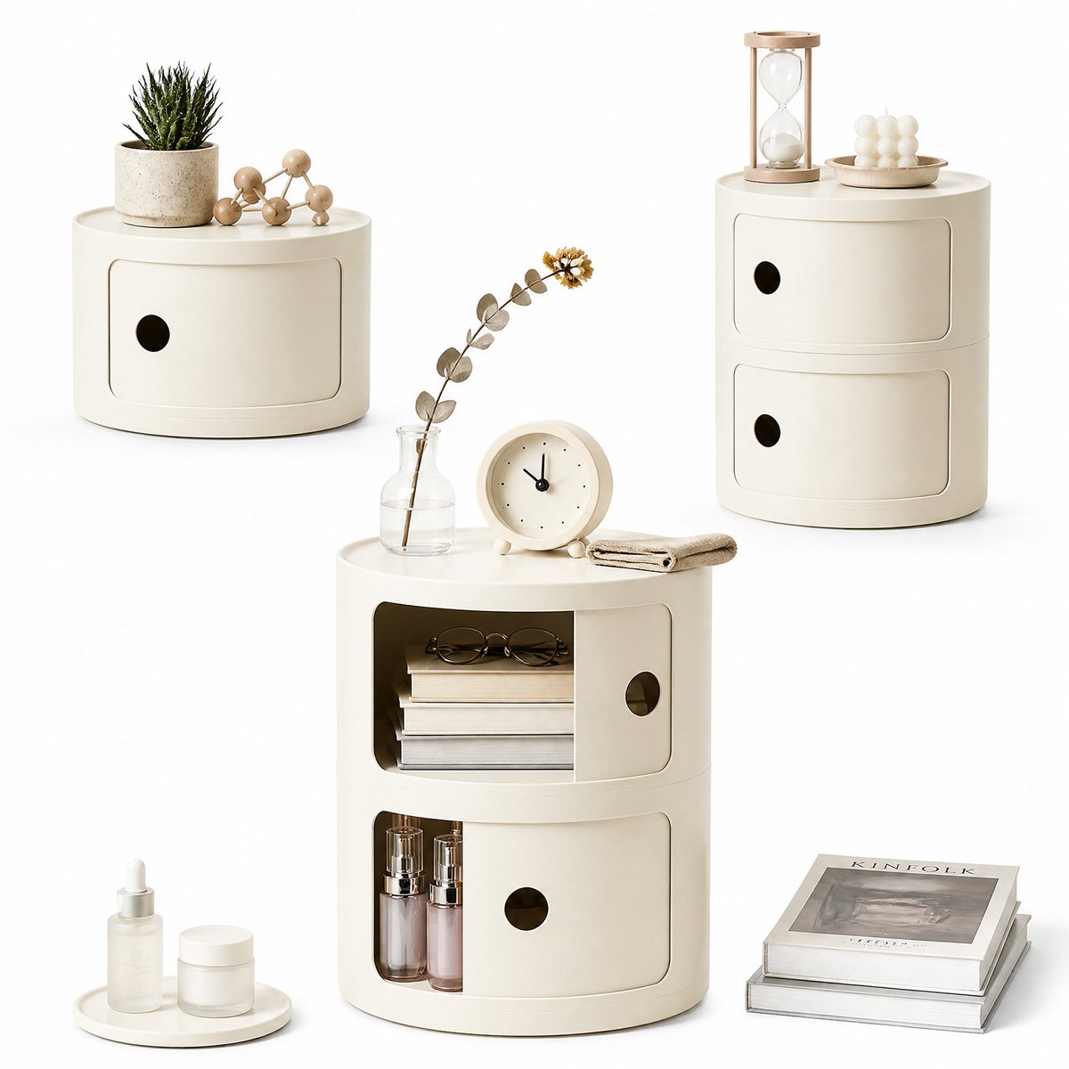 Ronde Nachtkastje met Schuifdeur 2-Laags – Crèmekleurige Opbergkast met Meerdere Vakken – Moderne ABS Bijzettafel 40x32 cm