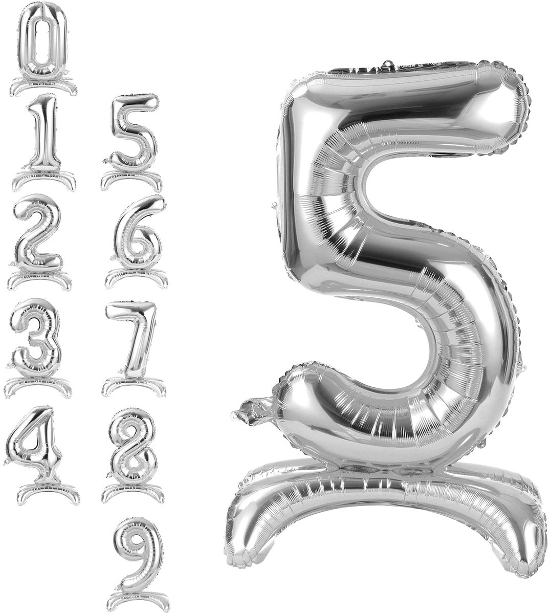 Cijferballon 5, Grote Folieballon 5 Van 102 Cm (40 Inch), Zelfopblazende 5e Verjaardagsballon Voor 5-Jarig Jubileum, Verjaardagsfeest, Kerstdecoraties-Zilver