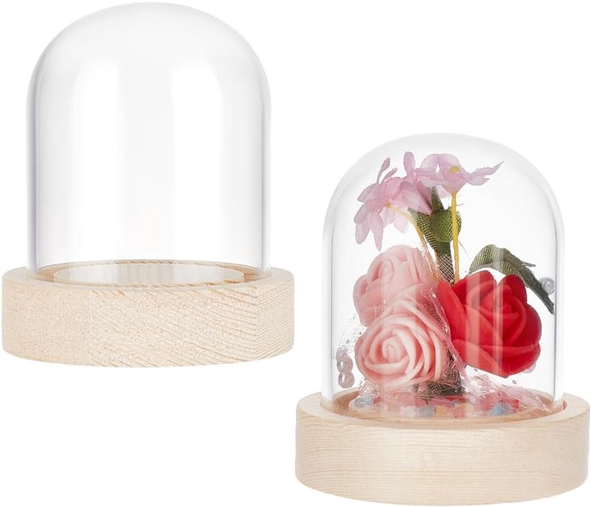 2 sets glazen koepel, transparante vitrine met basis van massief hout voor San Decoration Floral Craft Display Home Decoration 6,15 cm diameter, 7,1 cm hoogte