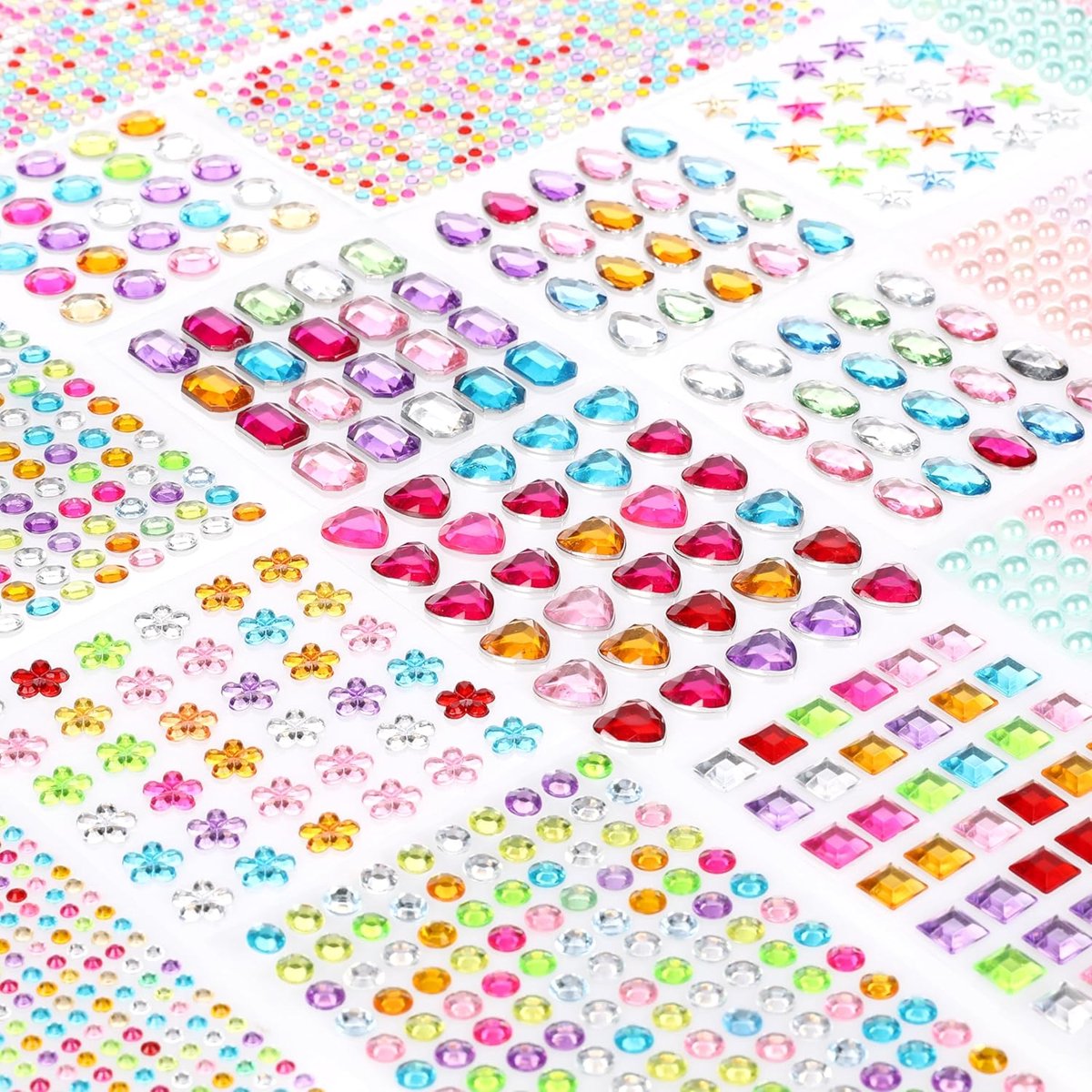 Glittersteentjes, zelfklevend, 1.782 stuks, kleurrijke strass-steentjes voor creatieve projecten, scrapbooking, doe-het-zelf knutselaccessoires in verschillende vormen en maten
