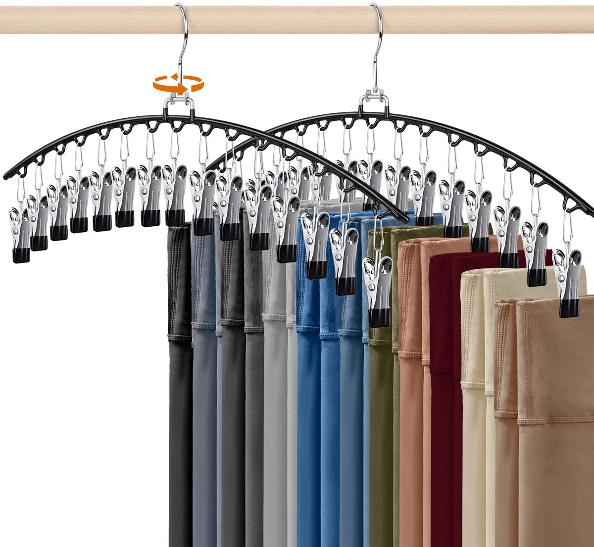 Broekhangers met Clips, 2 Stuks met 30 Clips Totale, Ruimtebesparende Kledinghangers voor Kast, voor Broeken Rokken en Leggings, Sterke Metalen Clips, Zwart