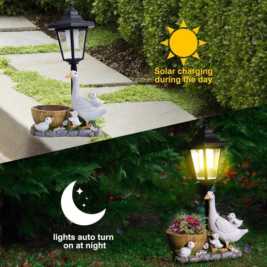 Beelden met zonne-lamp, eendbeeldjes tuin kunst sculpturen bloempot buitendecoratie voor patio tuin gazon veranda tuin ornamenten, Moederdag verjaardag housewarming geschenken — afbeelding 2