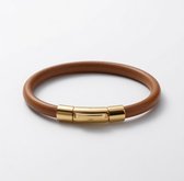 Goudkleurige No-Fade Waterproof Natuurlijke Kalfsleren Armband - 316L RVS