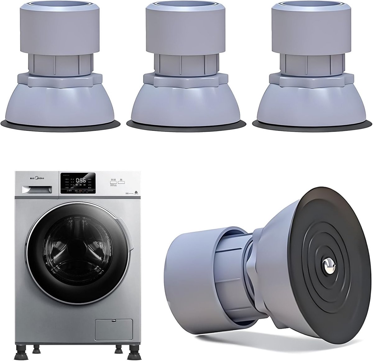 Universele trillingsdempers voor wasmachines en drogers, verstelbare anti-vibratievoeten met hoogte 9,5-12,5 cm, ideaal voor meubels en apparatuur, grijs