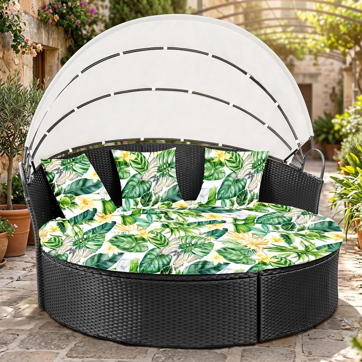 Outdoor-dagbedkussenhoes, 167,6 cm, vervangende dagbeddenhoes met elastiek, zonnebankkussenhoes, ronde outdoor-bedkussenhoezen (groene bladeren, 1 ronde hoes + 3 kussenhoezen)