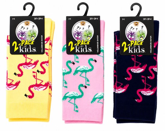 3 paar kindersokken met flamingo's in geel, roze en donkerblauw. "2-PACK kids" logo.