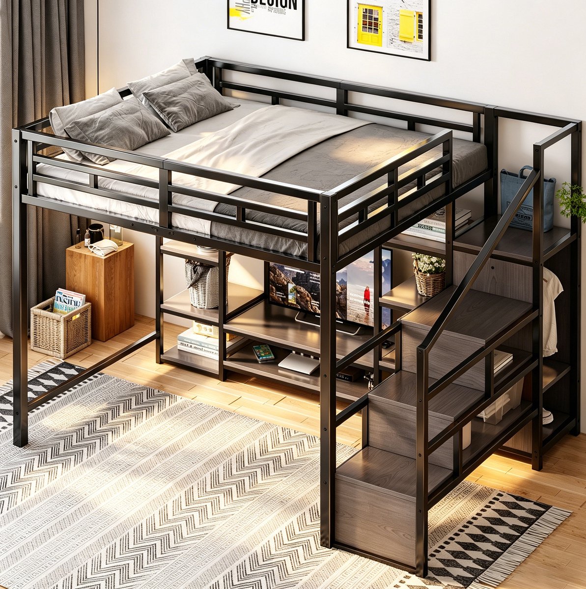 MIVRAY Hoogslaper 140x200 cm Zonder Matras - Met Tv Standaard En Stopcontact - Met Opbergladder En Lattenbodem - Metaal En MDF - Zwart