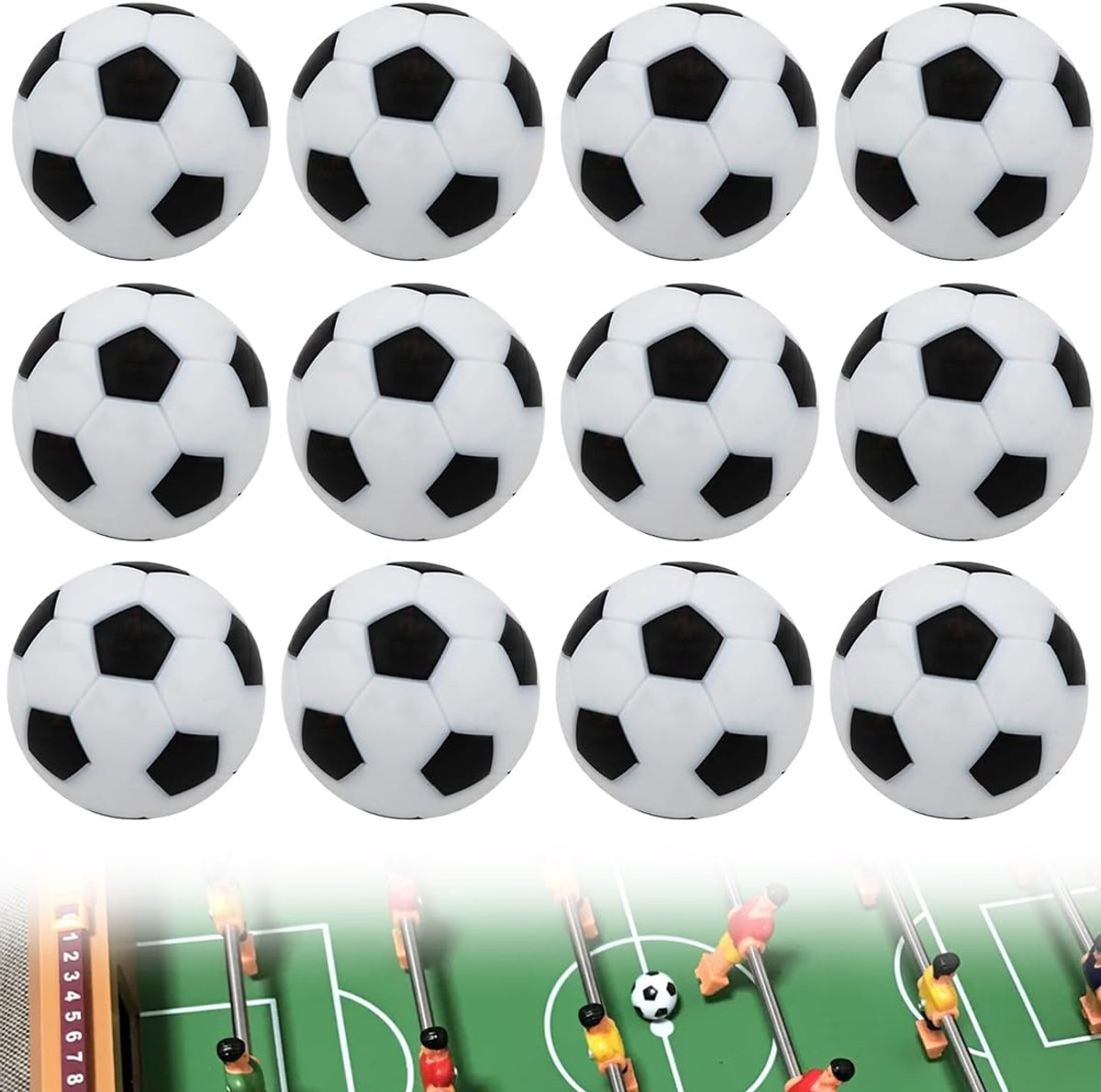 12 stuks mini-voetbalspeelgoed, 23 mm tafelvoetbal, ballen voor volwassenen en kinderen, verlichting ontspanning (wit en zwart), Zwart, A