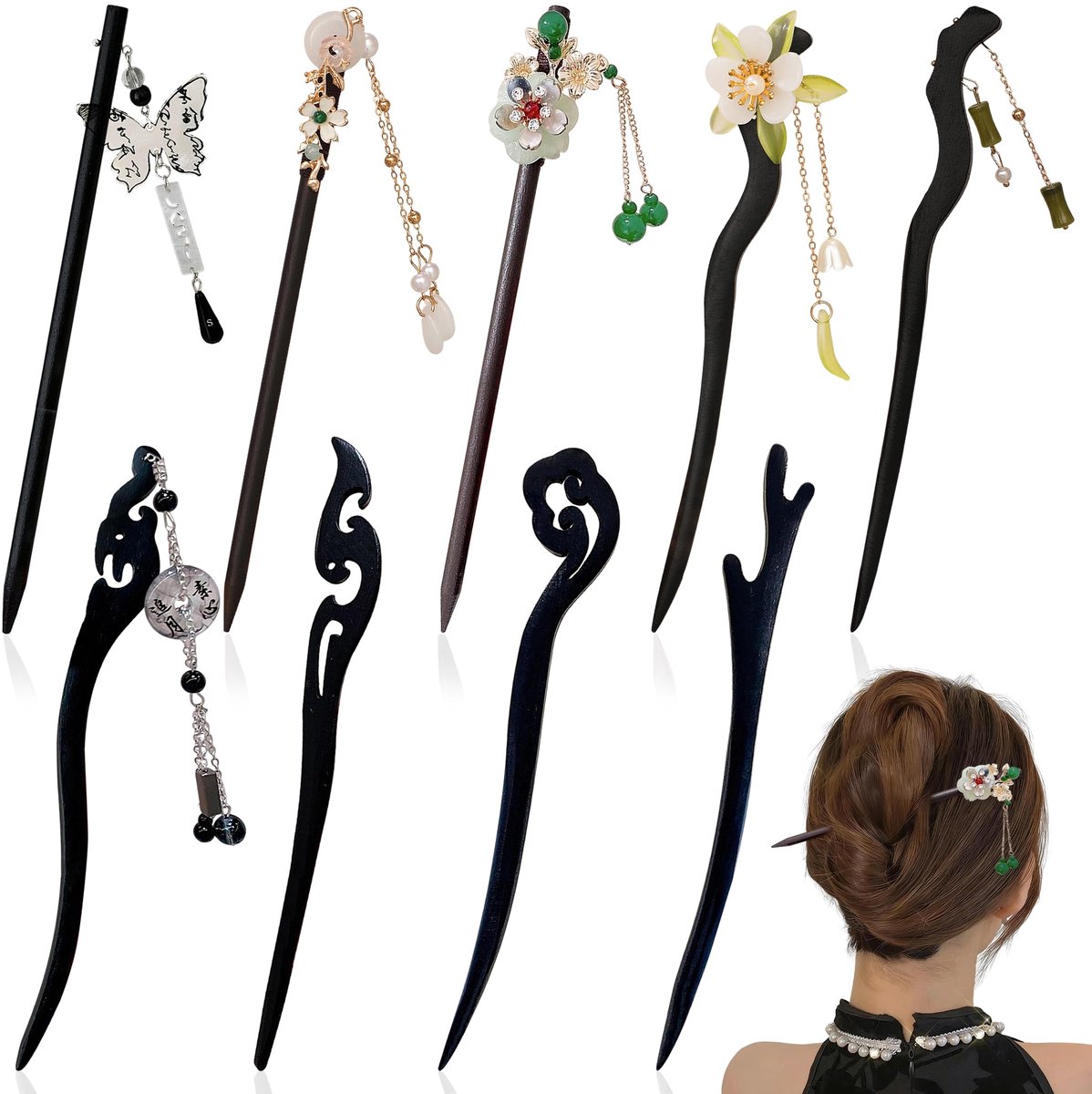 Haarspeld, 9 Stuks Houten Haarstokjes met Kwastjes, Vintage Haarspelden Elegante Houten Haarstok Chinese Haarstokjes voor Dames Haaraccessoires