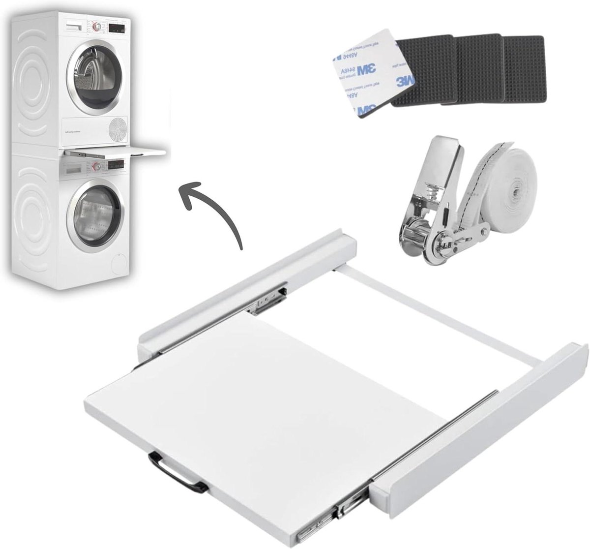 Universele Stapelkit - Wasmachine Tussenstuk Droger - Ruimte Besparen - Uitschuifbaar Werkblad - 54 x 60 x 7.5 cm - Wit