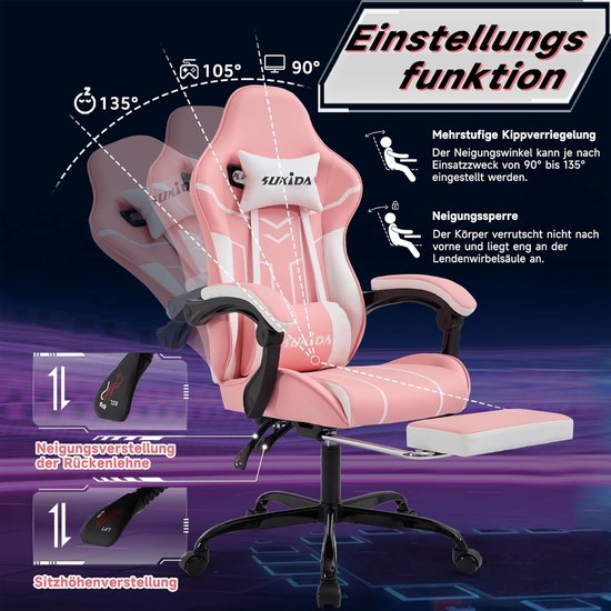 Gaming Stoel - Computerstoel Bureau Stoel - Comfortabel Zitten - Verstelbare Rugleuning - 53 x 63 x 130 cm — afbeelding 4