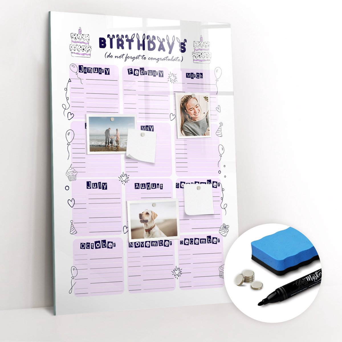 Tulup Whitebord - Verjaardagsplanner - 60 x 90 cm - Roze Magneetbord Design - Gratis 5 Sterke Magneten + Whiteboard Marker & Wisser - Interieur Accessoires Kantoor - Magnet Board - Inspiratiebord Kantoor