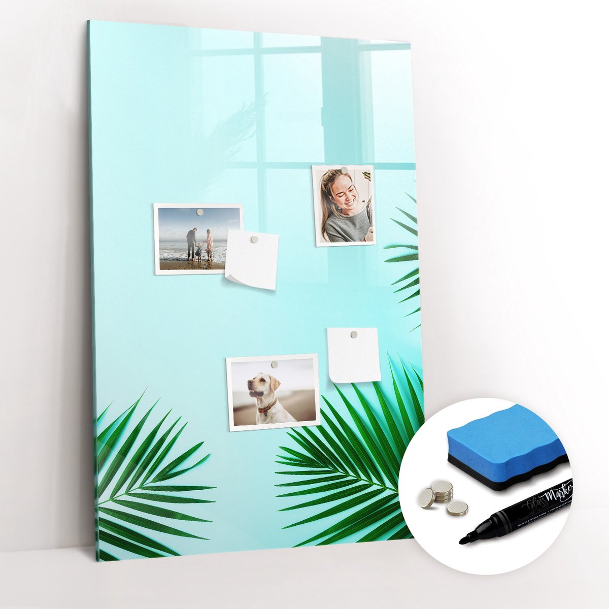 Tulup Whitebord - Tropische bladeren - 60 x 90 cm - Blauw Magnetisch Bord - Gratis 5 Sterke Magneten + Whiteboard Marker & Wisser - Decoratief Magnetisch Bord - Magneetbord Keuken - Ideeënbord Thuiswerkplek