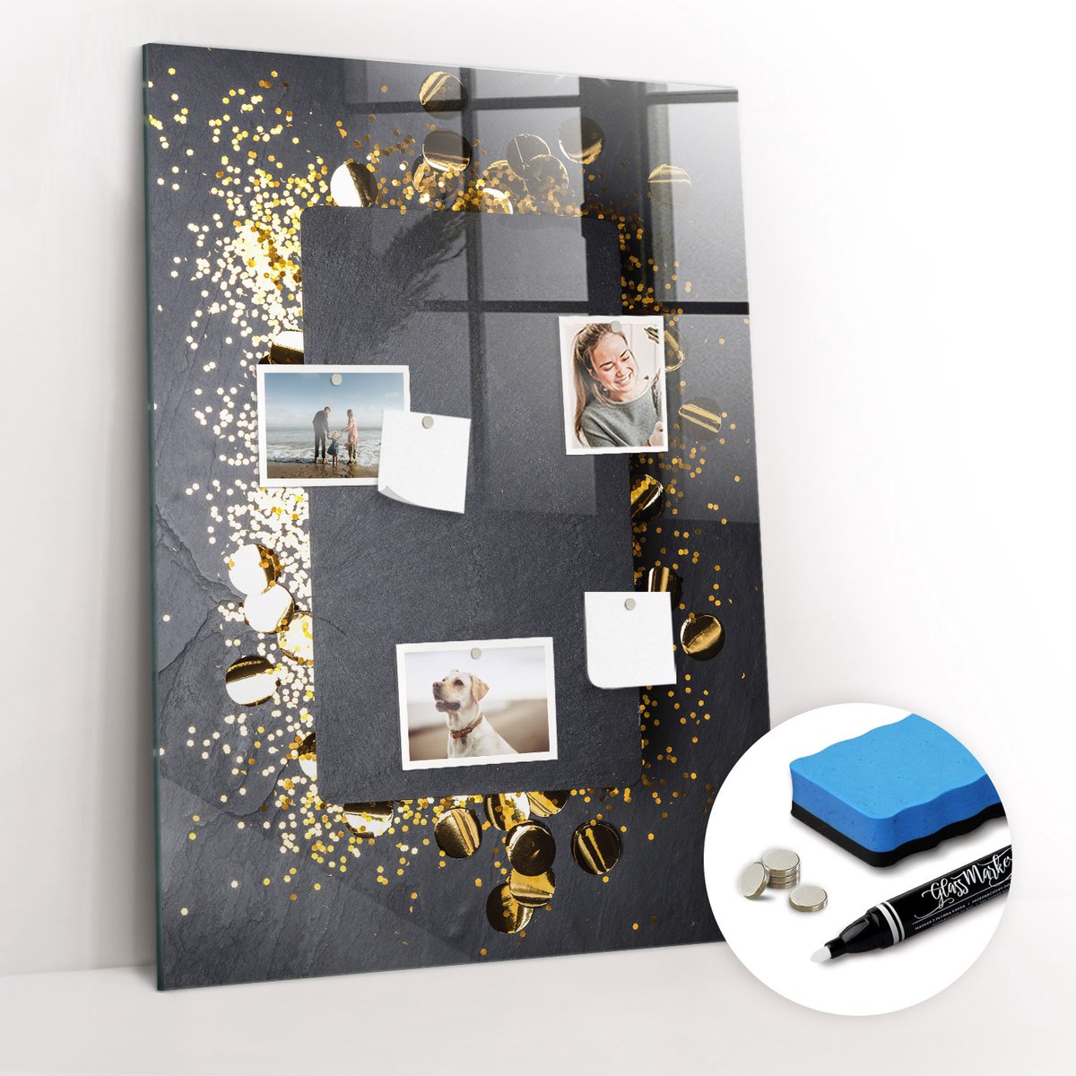 Tulup Whitebord - Gouden confetti - 70 x 100 cm - Veelkleurig Magnetic Board - Gratis 5 Sterke Magneten + Whiteboard Marker & Wisser - Moderne Wanddecoratie - Magnet Board - Notitiebord Werkplek