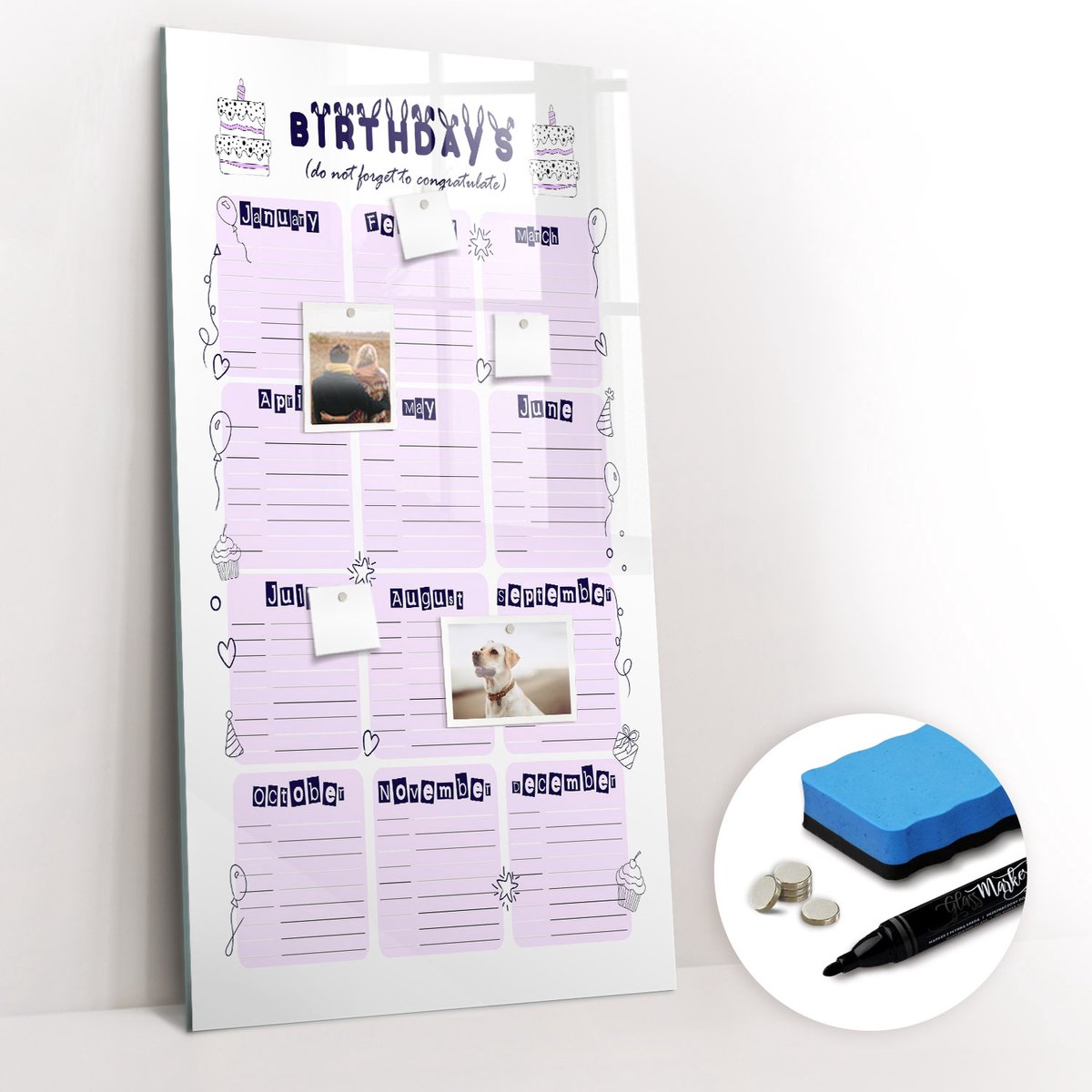 Tulup Whitebord - Verjaardagsplanner - 60 x 120 cm - Roze Magneetbord Foto - Gratis 5 Sterke Magneten + Whiteboard Marker & Wisser - Moderne Wanddecoratie - Magnet Board - Notitiebord Werkplek