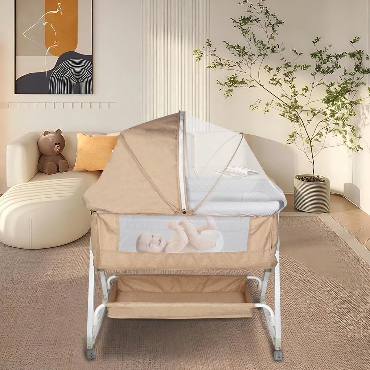 Babybedje met matras - Reiswieg peuterbed - Veilig slapen - 6-traps hoogteverstelling - 92x52x106-118 cm - Gebroken wit