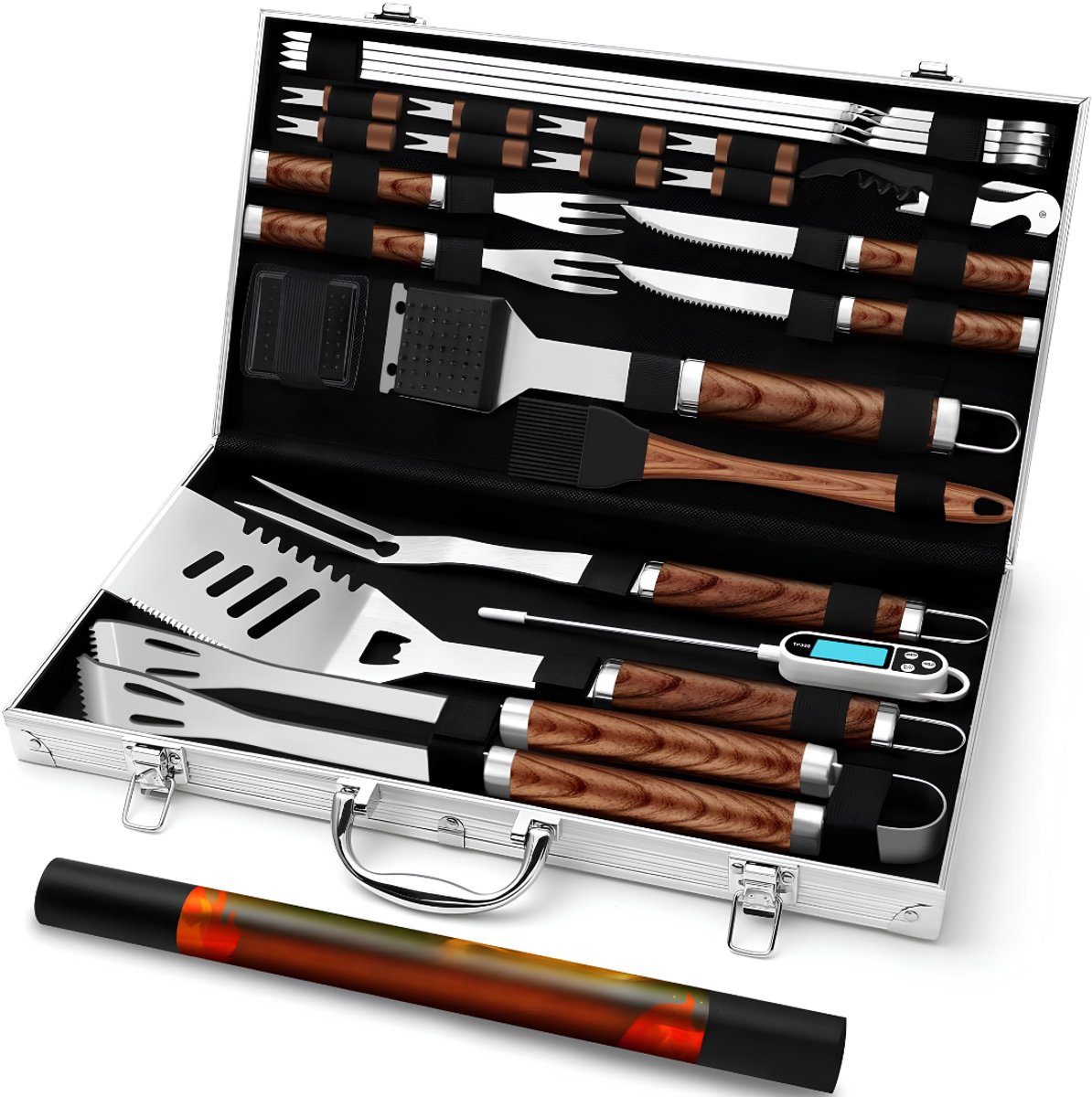 SP® BBQ Accesoires ( set ) - Barbecue Accessoireset van 26 - Hoogwaardige RVS BBQ-bestek met Draagbare Opbergcase - Zilver en Bruin - 45cm x 21cm x 7cm