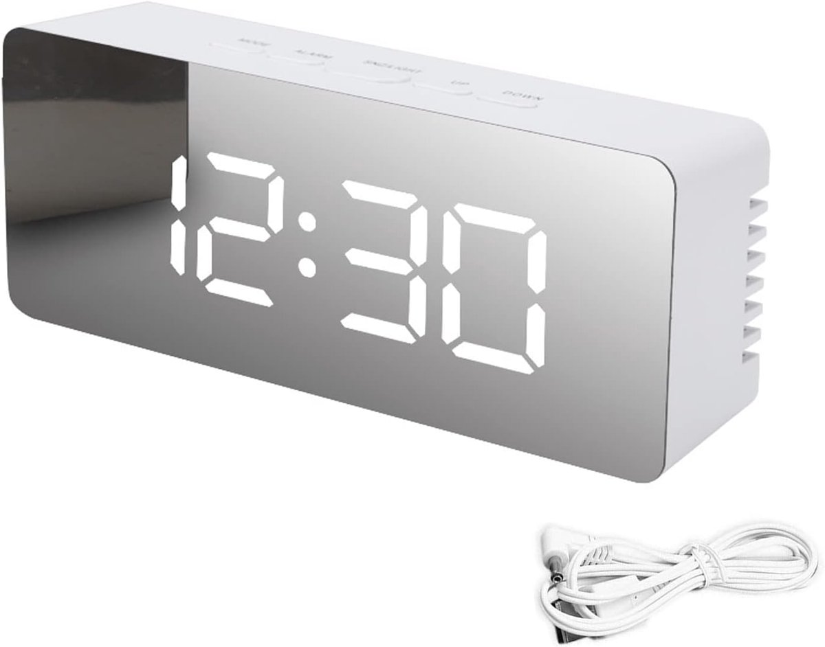 KZQ LED-spiegel bureauwekker met snooze en temperatuurweergave - Digitale alarmklok voor slaapkamer en thuisdecoratie - Wit