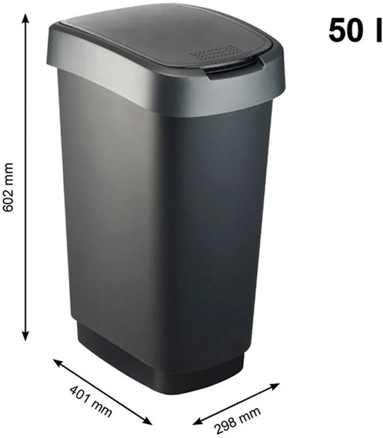Afmetingen van een zwarte afvalbak met grijze deksel: 602 mm hoog, 401 mm breed, 298 mm diep. Inhoud 50L.
