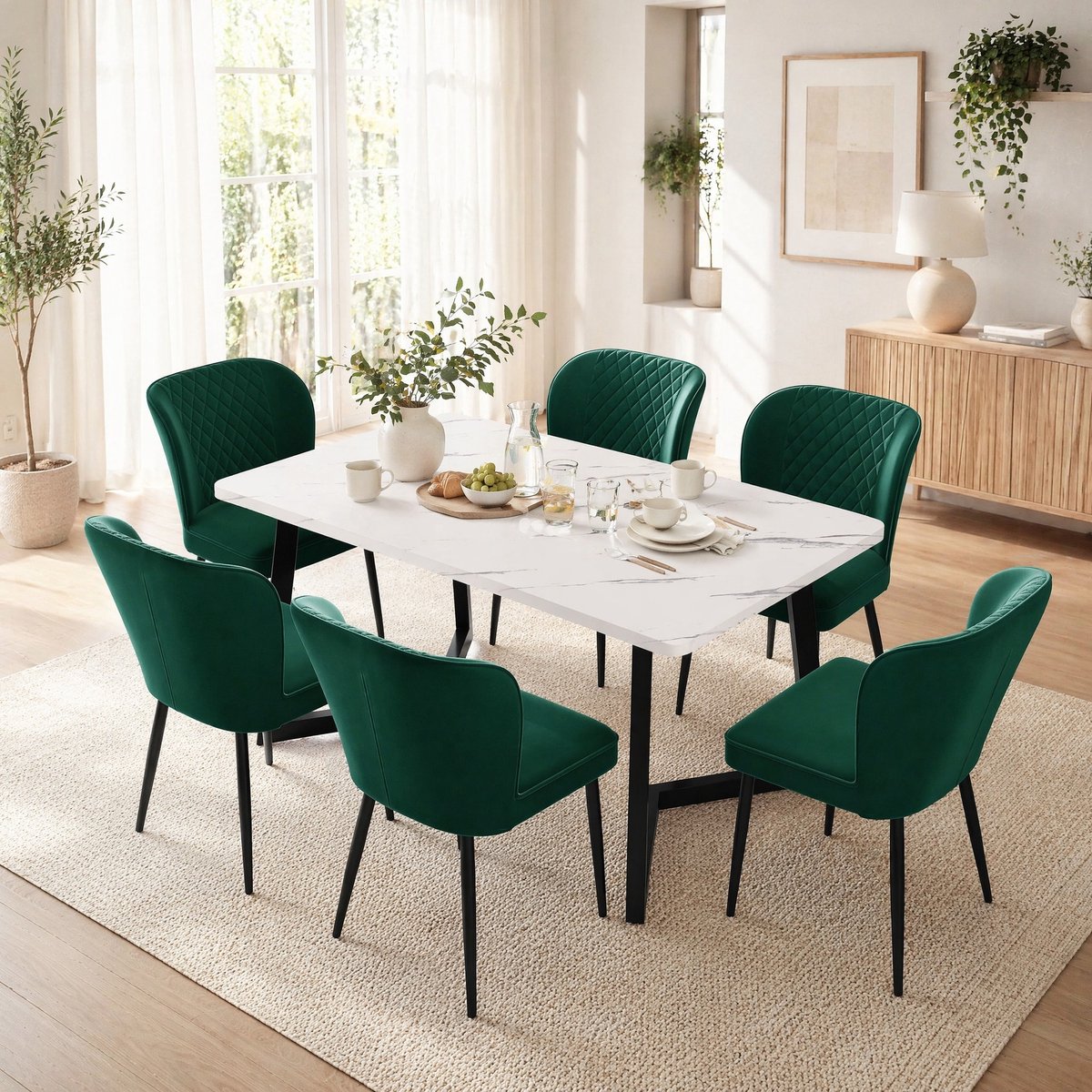 DESMIU Eetkamerstoel 49 x 41 x 86 cm - Set Van 6 Met Rugleuning En Comfortabele Zitting - Voor Eetkamer En Woonruimte - Velvet En Metaal - Donkergroen