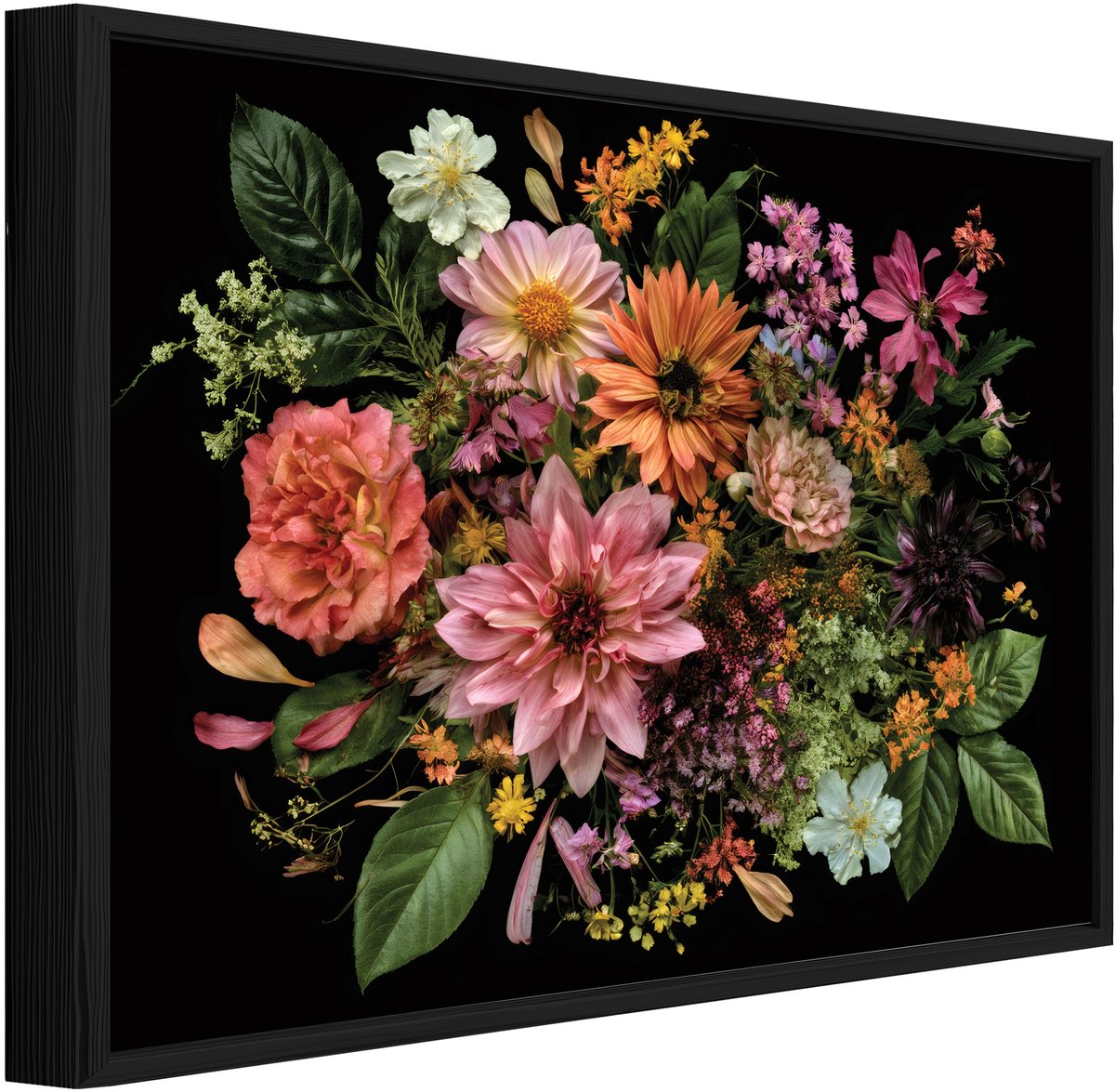 Schilderij op canvas in zwarte lijst - 100x70 cm - bloemen op zwarte achtergrond - wanddecoratie woonkamer en slaapkamer